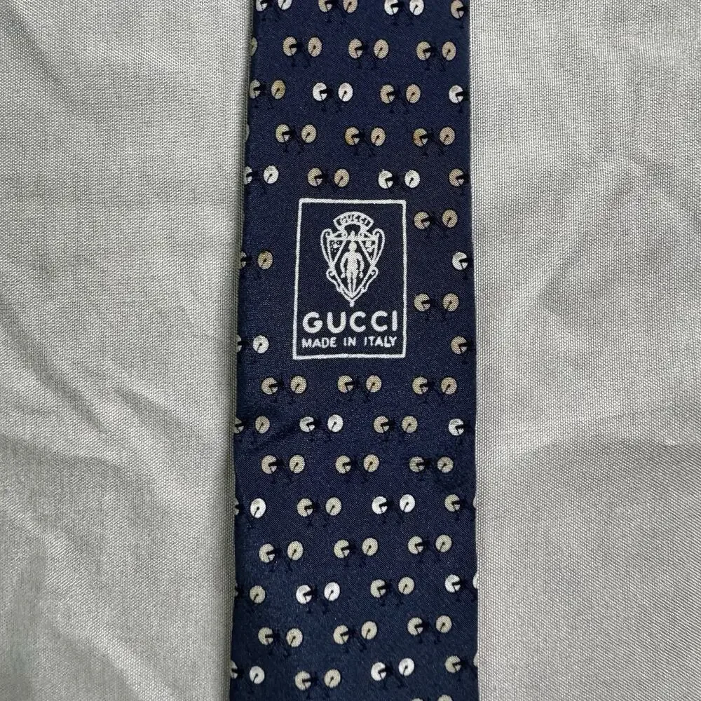 Gucci Tie Vintage Navy Blue With Cream Accents Tiny Bicycle Pattern Silk *damage